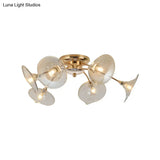 Modern Gold Semi Flush Light With Green/Clear Glass - 6 Bulbs For Living Room