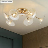 Modern Gold Semi Flush Light With Green/Clear Glass - 6 Bulbs For Living Room