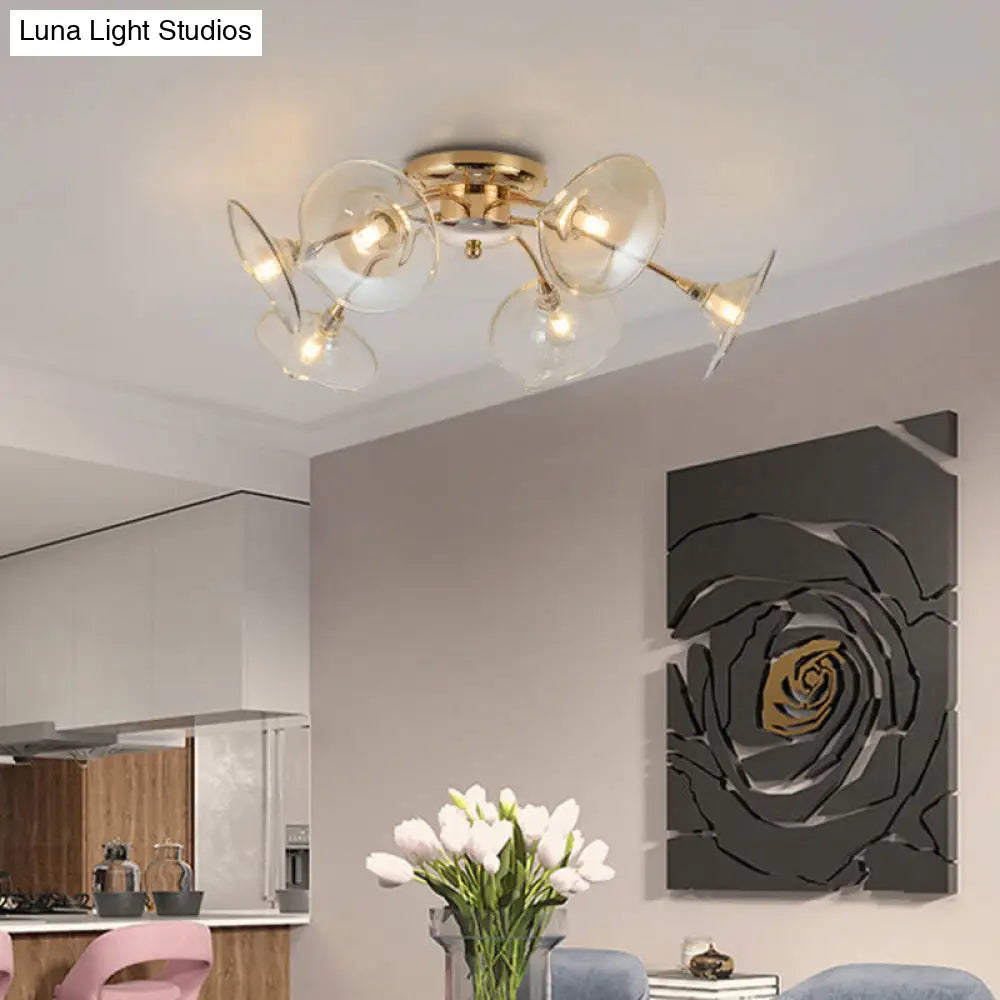 Modern Gold Semi Flush Light With Green/Clear Glass - 6 Bulbs For Living Room