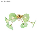 Modern Gold Semi Flush Light With Green/Clear Glass - 6 Bulbs For Living Room