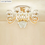 Modern Gold Semi Flush Mount Ceiling Light With Crystal Accents - 6/8 Bulbs Led Metal Scroll Arms