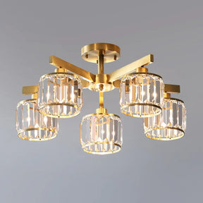 Modern Gold Semi Flush Mount Ceiling Light With Metallic Radial Design And Crystal Cylinder Shade 5