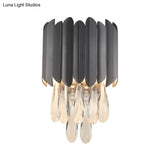 Modern Gold/Smoke Grey Round Wall Mount Lighting With Clear Crystal Teardrop - 2 Bulb Lamp