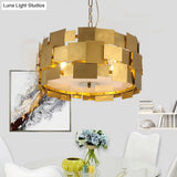 Modern Gold Square Panel Hanging Light Kit - 6 Bulb Metallic Drum Ceiling Chandelier