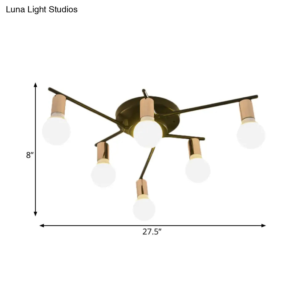 Modern Gold Starburst Semi Flush Ceiling Light Fixture With White Glass Shade - 6/8/10-Head