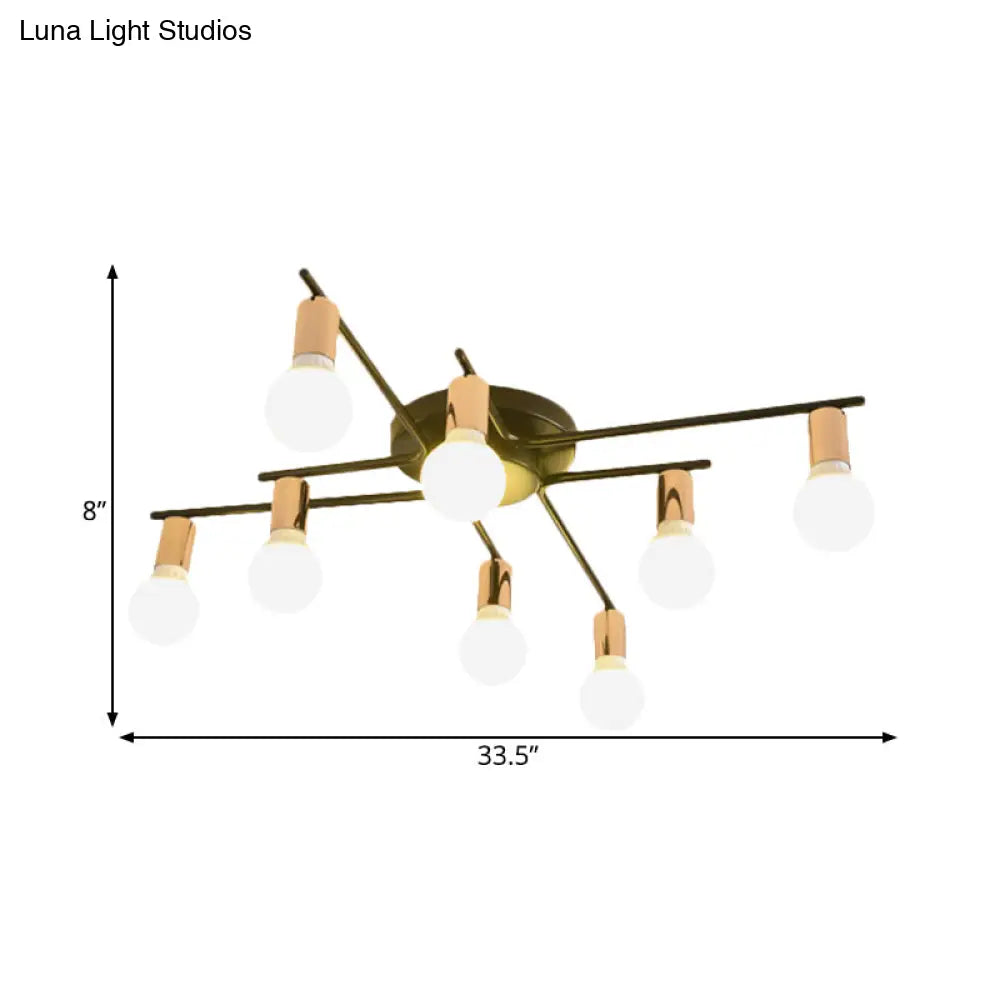 Modern Gold Starburst Semi Flush Ceiling Light Fixture With White Glass Shade - 6/8/10-Head