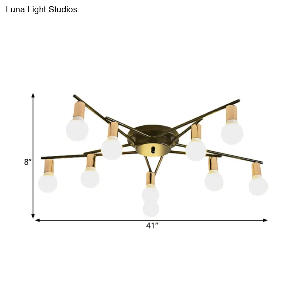Modern Gold Starburst Semi Flush Ceiling Light Fixture With White Glass Shade - 6/8/10-Head