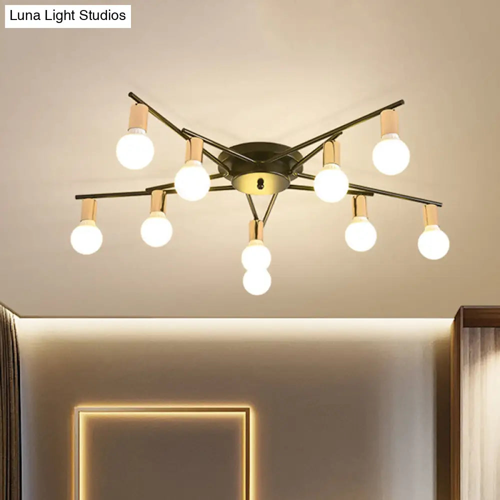 Modern Gold Starburst Semi Flush Ceiling Light Fixture With White Glass Shade - 6/8/10-Head