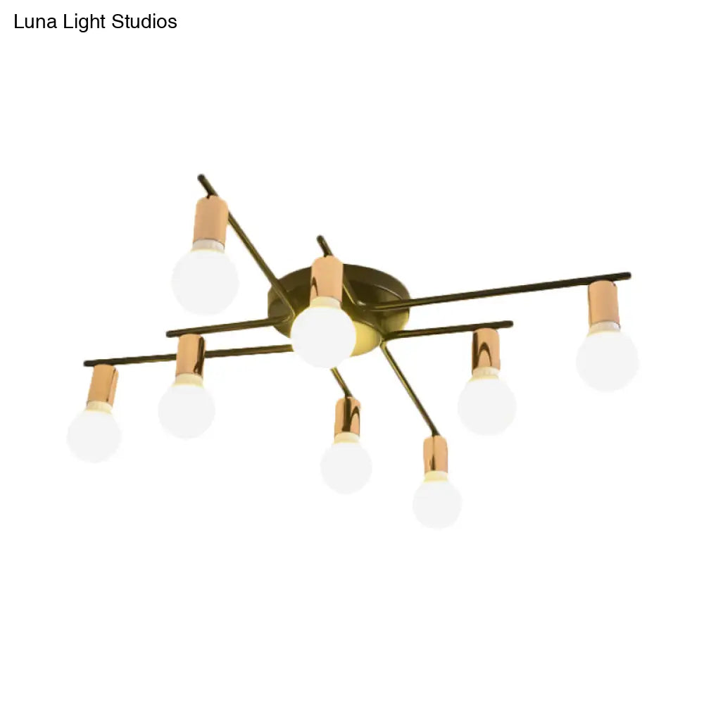 Modern Gold Starburst Semi Flush Ceiling Light Fixture With White Glass Shade - 6/8/10-Head