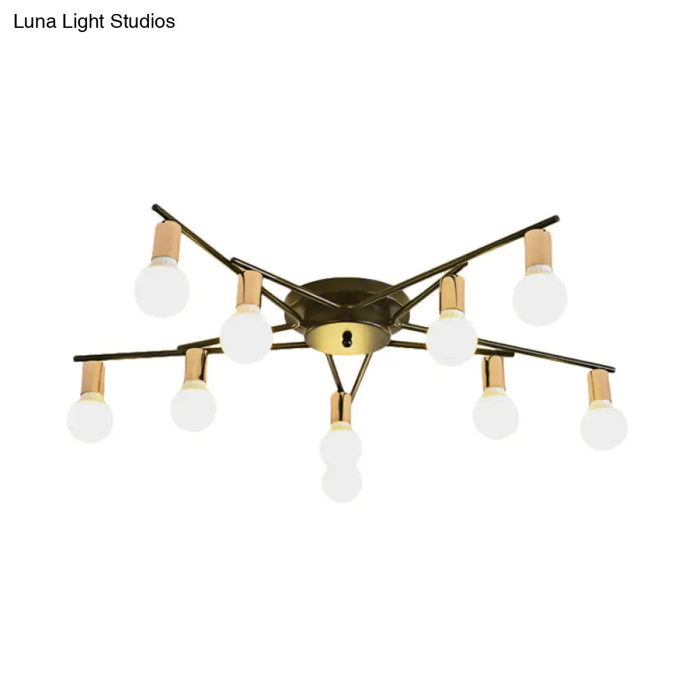 Modern Gold Starburst Semi Flush Ceiling Light Fixture With White Glass Shade - 6/8/10-Head