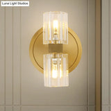 Modern Gold Translucent Crystal Blocks Wall Lamp: Cylindrical Sconce With 2 Heads For Drawing Room