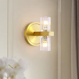 Modern Gold Translucent Crystal Blocks Wall Lamp: Cylindrical Sconce With 2 Heads For Drawing Room