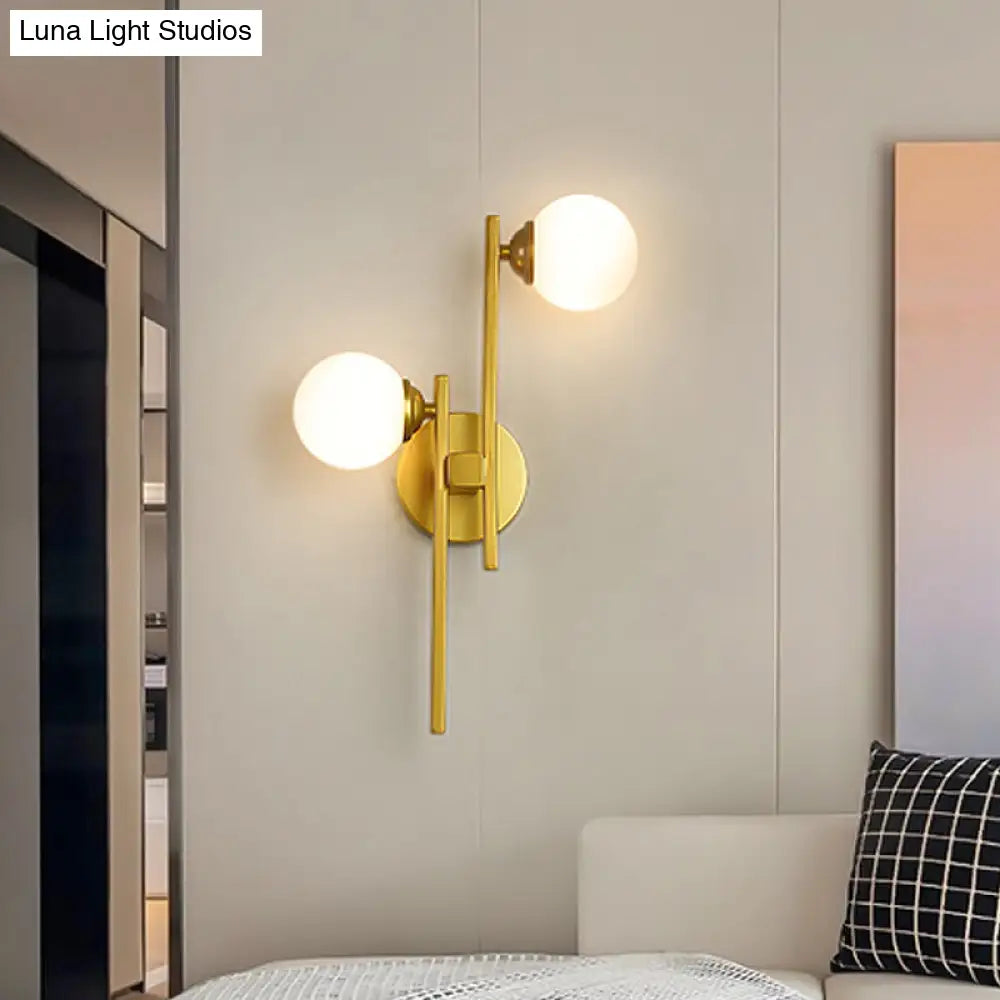 Modern Gold Wall Lamp With Opal Glass Shade - 2-Light Living Room Lighting