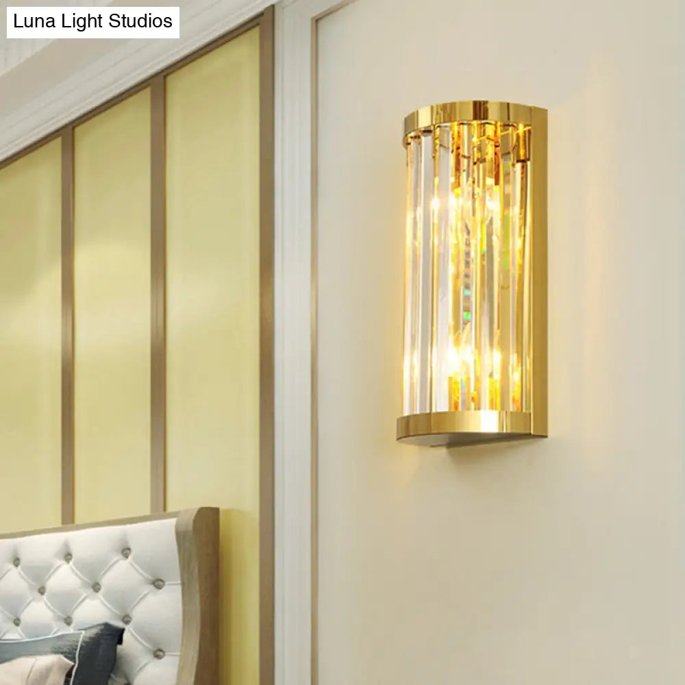 Modern Gold Wall Light Fixture With Clear Crystal Shade Half Cylinder Design 2 Lights