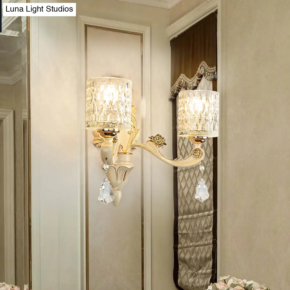 Modern Gold Wall Mount Cylinder Sconce Light With Clear Dimpled Glass Crystal Drop - 1/2 Heads