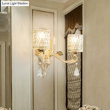 Modern Gold Wall Mount Cylinder Sconce Light With Clear Dimpled Glass Crystal Drop - 1/2 Heads