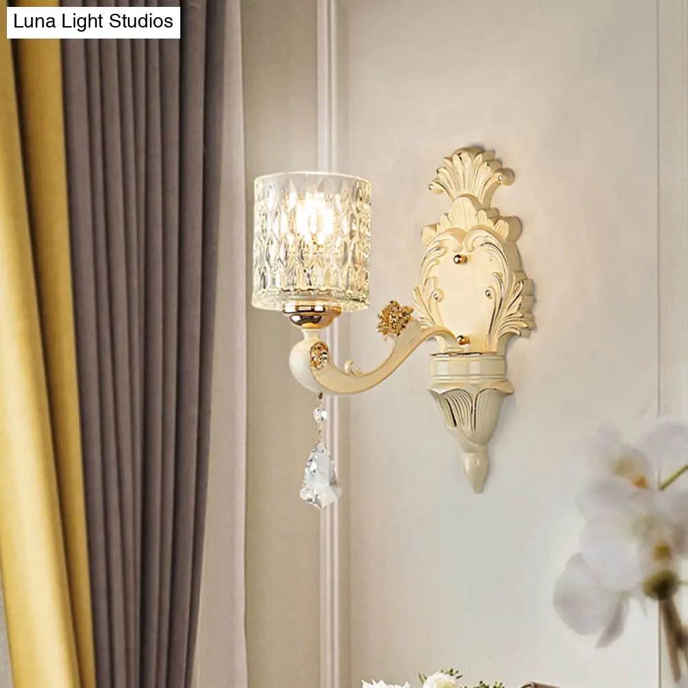 Modern Gold Wall Mount Cylinder Sconce Light With Clear Dimpled Glass Crystal Drop - 1/2 Heads