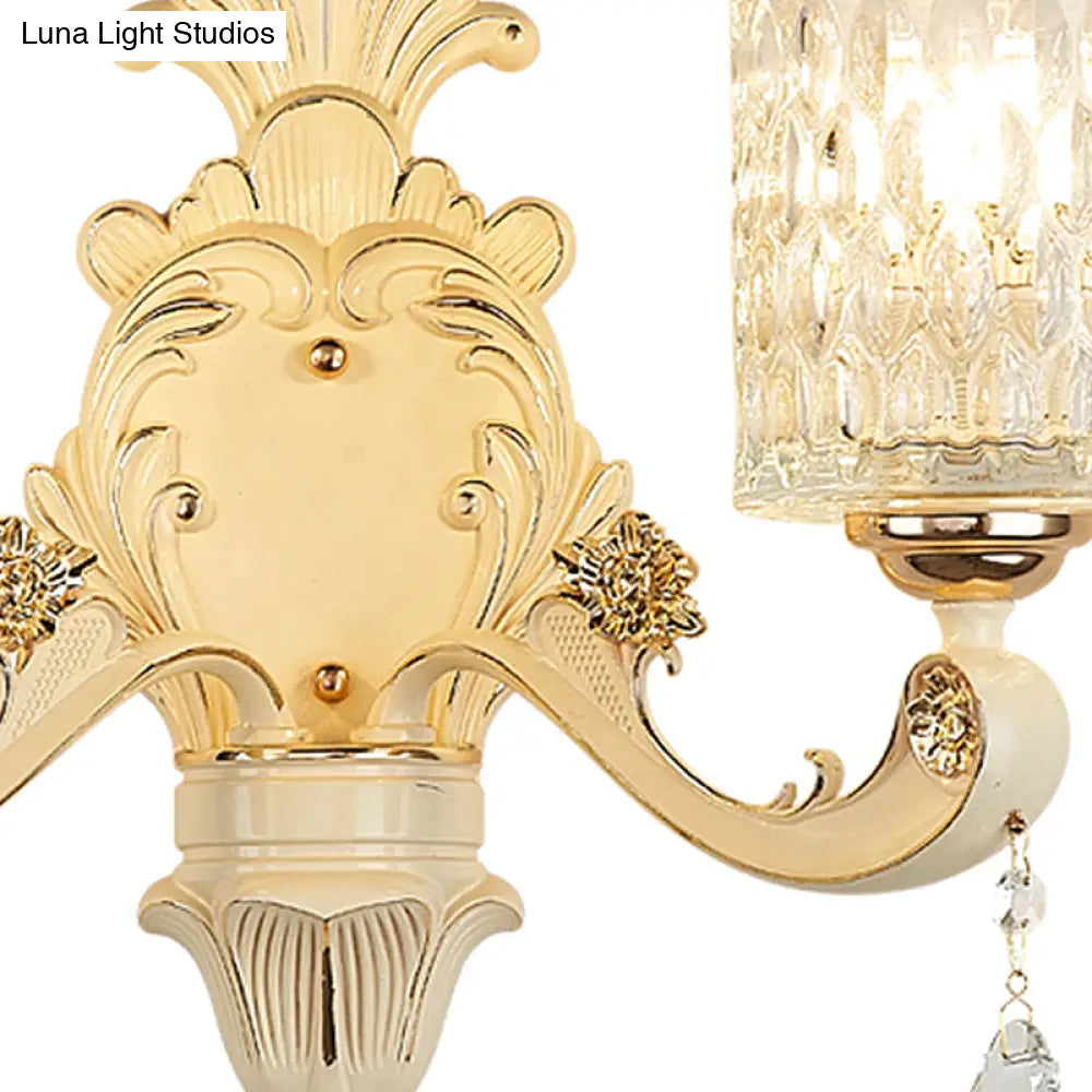 Modern Gold Wall Mount Cylinder Sconce Light With Clear Dimpled Glass Crystal Drop - 1/2 Heads