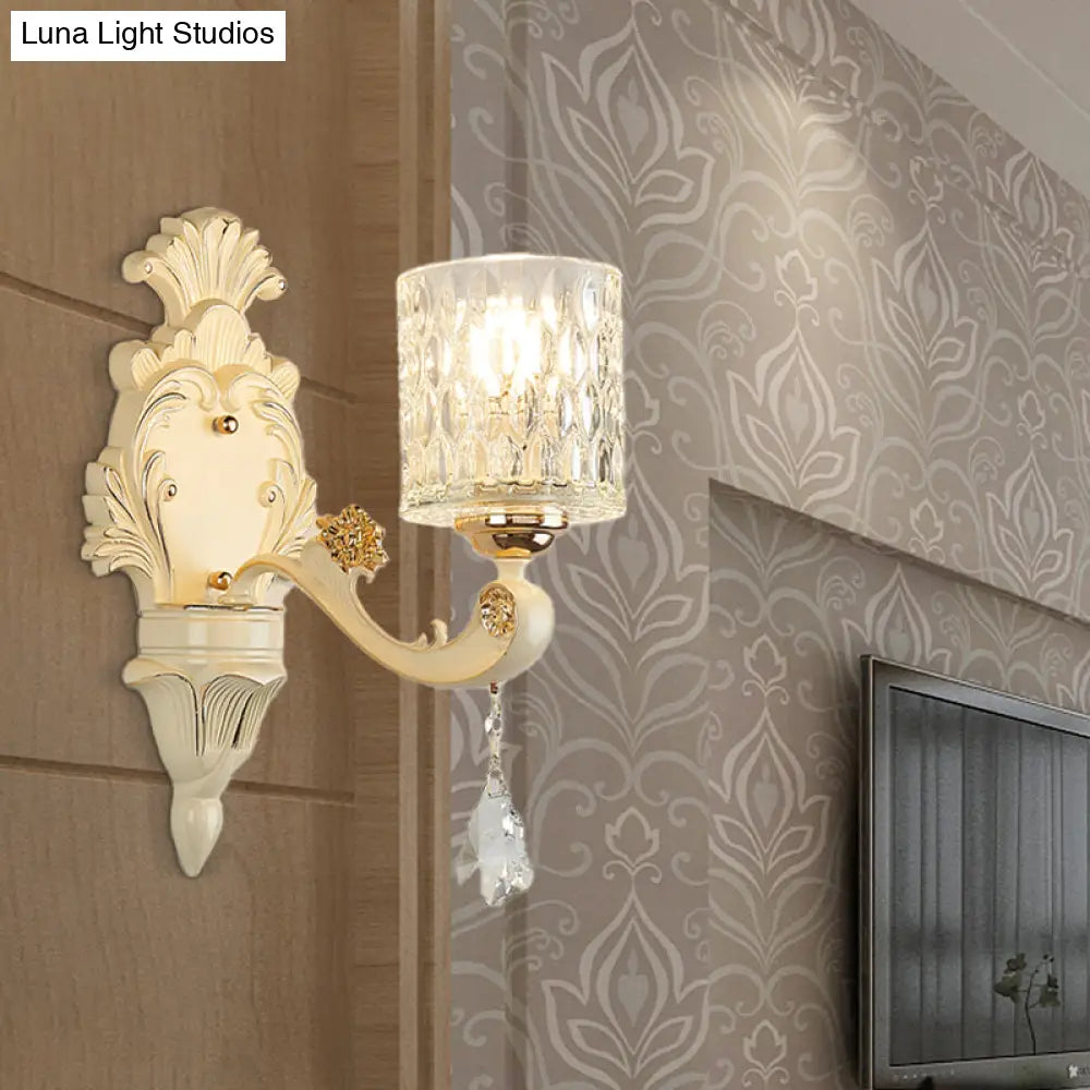 Modern Gold Wall Mount Cylinder Sconce Light With Clear Dimpled Glass Crystal Drop - 1/2 Heads