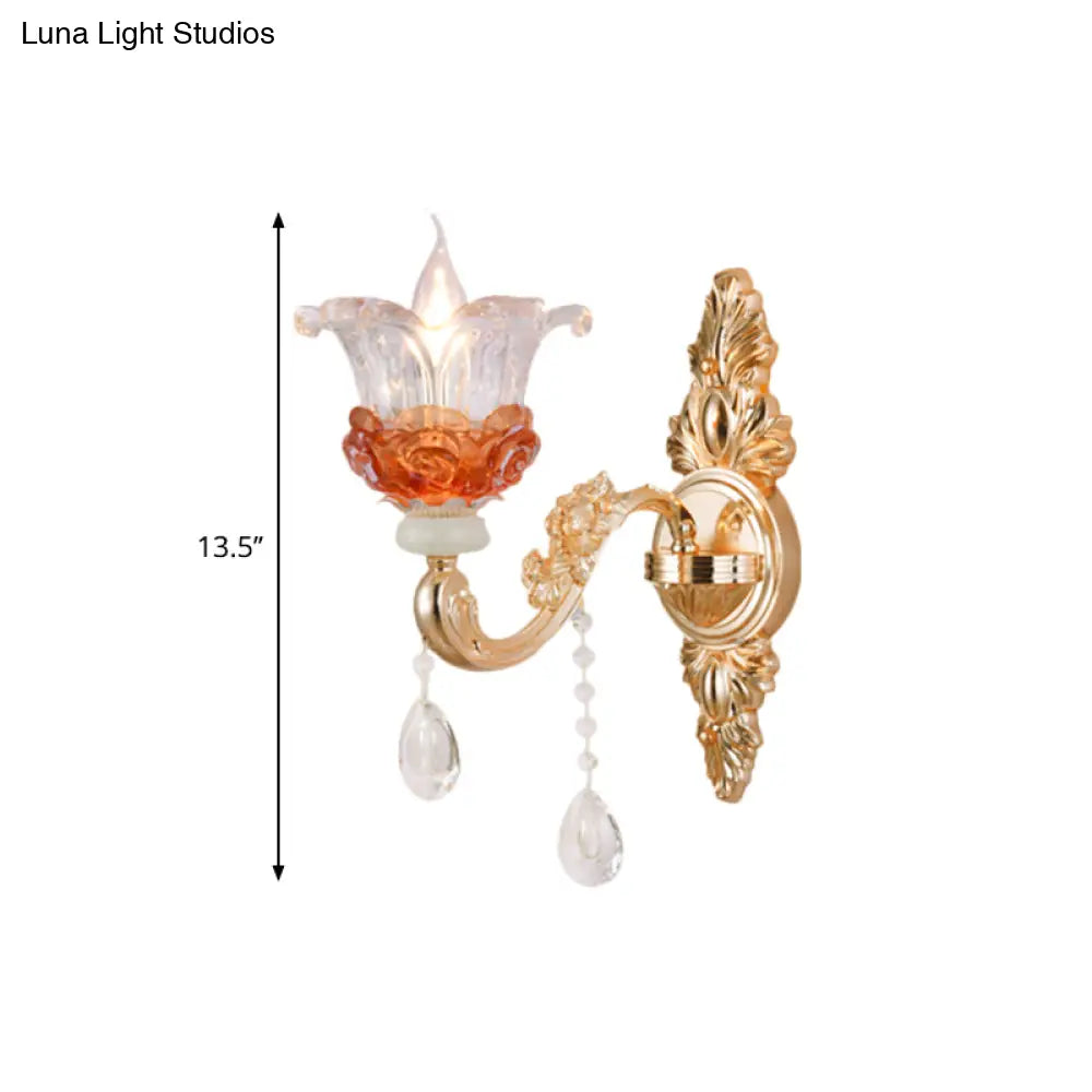 Modern Gold Wall Mount Lamp With Clear Crystal 1/2-Light Blossom Design For Staircase