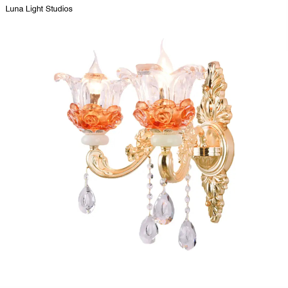 Modern Gold Wall Mount Lamp With Clear Crystal 1/2-Light Blossom Design For Staircase