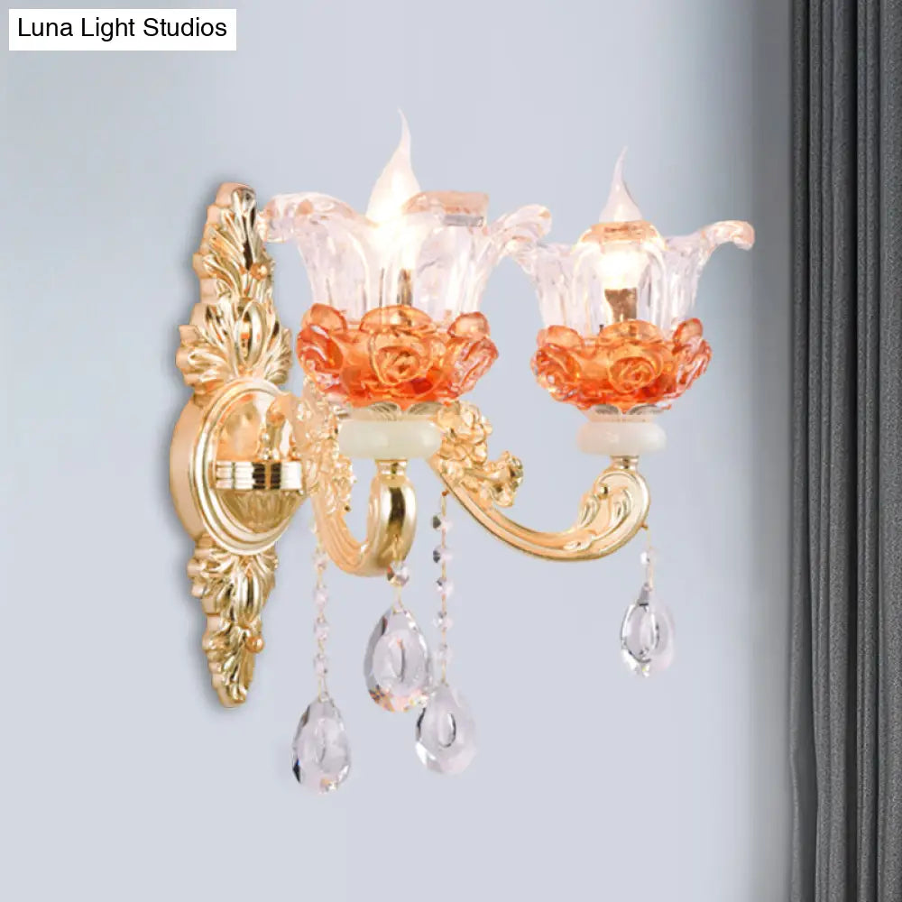 Modern Gold Wall Mount Lamp With Clear Crystal 1/2-Light Blossom Design For Staircase