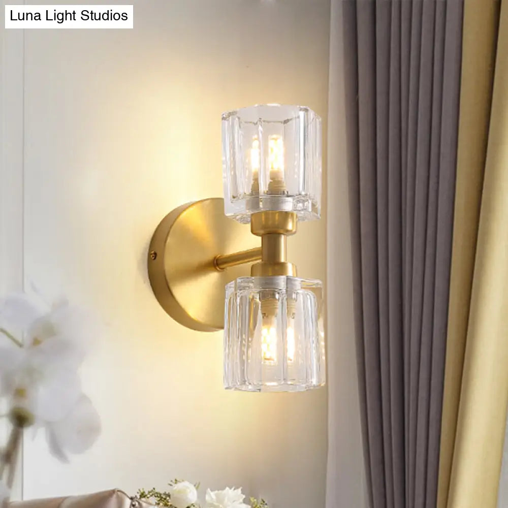 Modern Gold Wall Sconce Lamp With Clear Crystal 2 Bulbs - Tapered Living Room Lighting