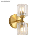 Modern Gold Wall Sconce Lamp With Clear Crystal 2 Bulbs - Tapered Living Room Lighting