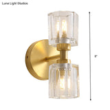 Modern Gold Wall Sconce Lamp With Clear Crystal 2 Bulbs - Tapered Living Room Lighting