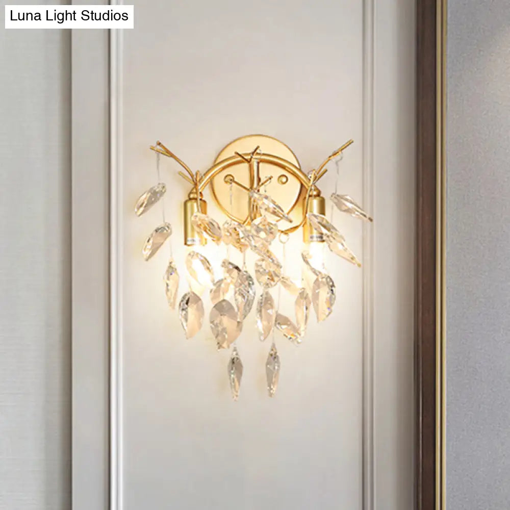 Modern Gold Wall Sconce With Leaf Shape Design And Beveled Crystal Accents 2-Bulb Lighting Fixture
