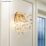 Modern Gold Wall Sconce With Leaf Shape Design And Beveled Crystal Accents 2-Bulb Lighting Fixture