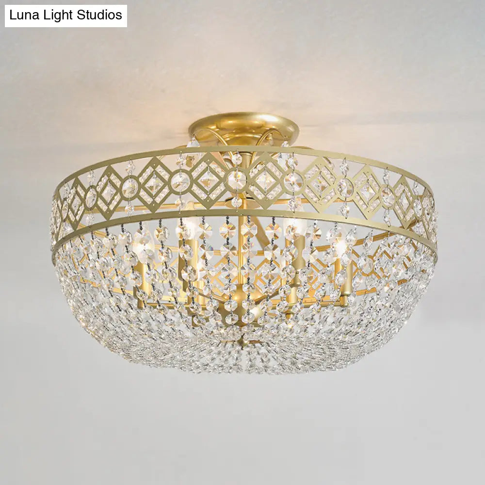 Modern Golden Crystal Chain Semi Flush Mount Ceiling Lamp For Guest Room - 4-Head Bowl Design
