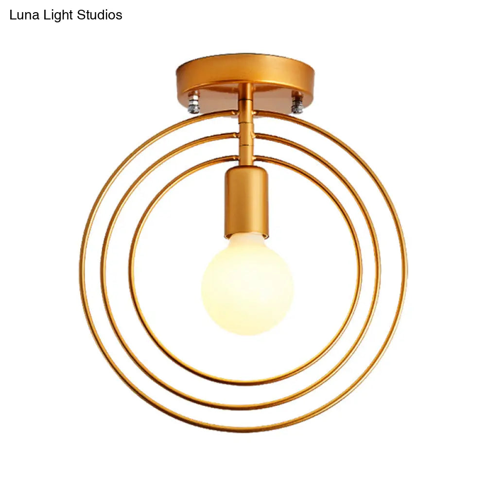 Modern Golden Flush Mount Ceiling Light With Triple Metal Ring - Ideal For Bedroom