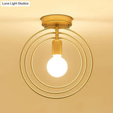 Modern Golden Flush Mount Ceiling Light With Triple Metal Ring - Ideal For Bedroom