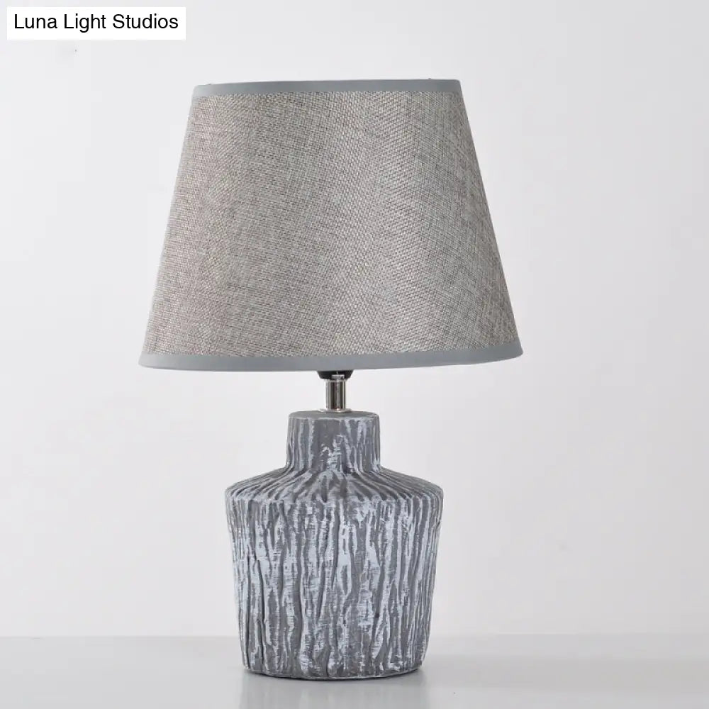 Modern Gray And Yellow Ceramic Night Table Lamp With Fabric Barrel Shade