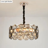 Modern Gray Crystal Block Drum Ceiling Chandelier - 6 Bulb Gold Pendant Lamp