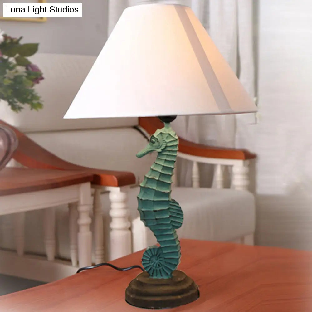 Modern Green Seahorse Bedside Night Lamp With Cone Fabric Shade