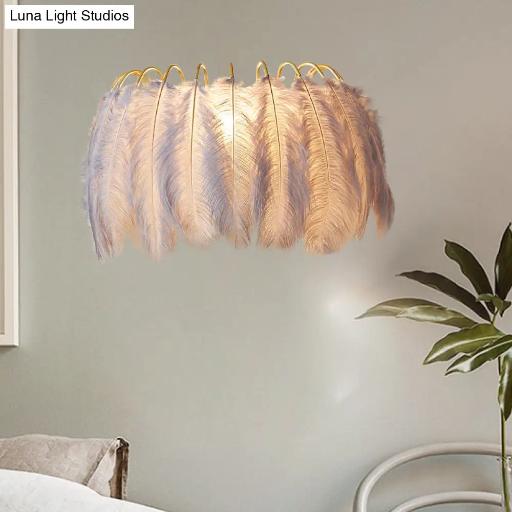 Modern Grey And White Sconce Light With Feather Detail For Parlor Wall