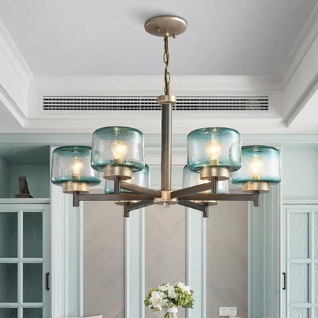 Modern Grey Dining Room Chandelier With Blue Seeded Glass Shade - Choose 3 Or 6 Lights & Radial
