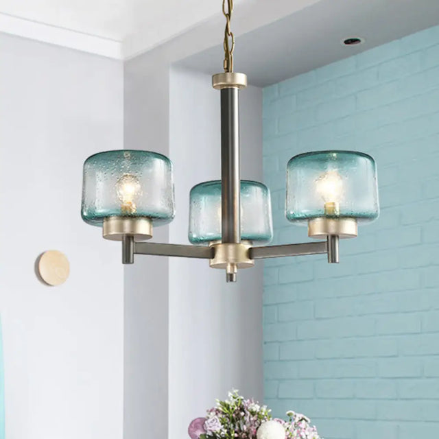 Modern Grey Dining Room Chandelier With Blue Seeded Glass Shade - Choose 3 Or 6 Lights & Radial