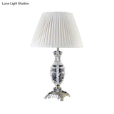 Modern Grey Fabric Shaded Desk Lamp - Carved Bronze Metallic Pedestal 1 Head Table Light