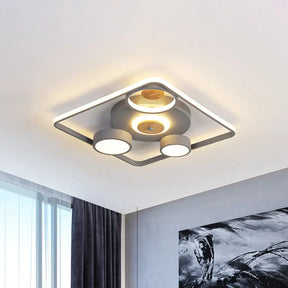 Modern Grey Square Led Ceiling Light With Nordic Iron Finish And Wood Accent