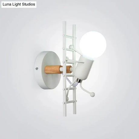 Modern Grey/White Wood Ladder Man Wall Sconce - 1-Bulb Metallic Mounted Light Fixture