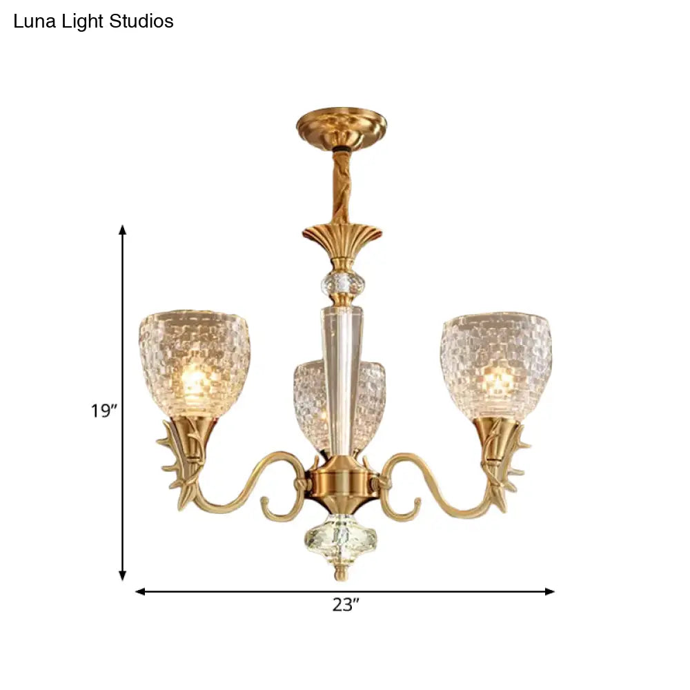 Modern Gridded K9 Crystal Chandelier - Bell Dining Room Pendant With 3 Brass Hanging Lights