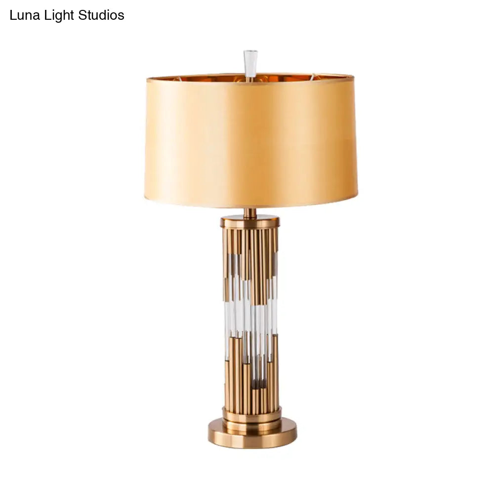 Modern Hand-Cut Crystal Column Desk Lamp With Gold Finish Fabric Shade - 1 Bulb