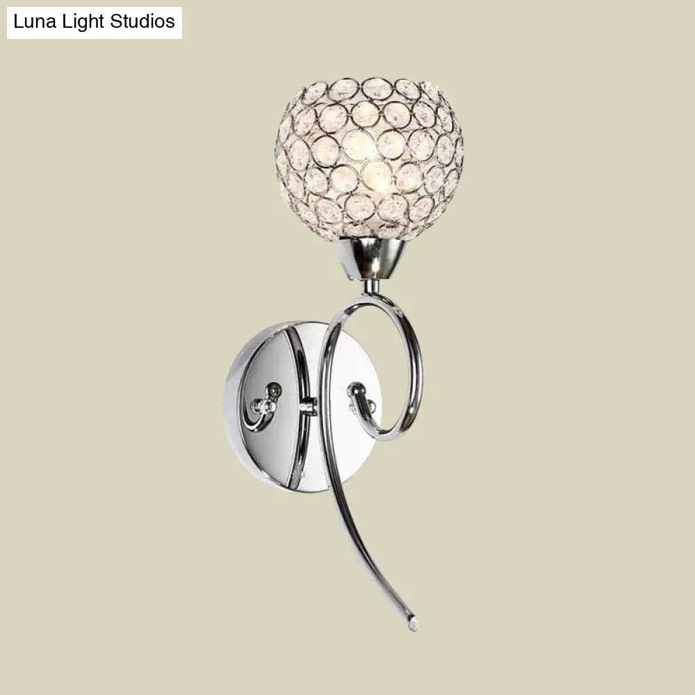 Modern Hemisphere Crystal Wall Lamp With Chrome Scroll Arm Sconce Light