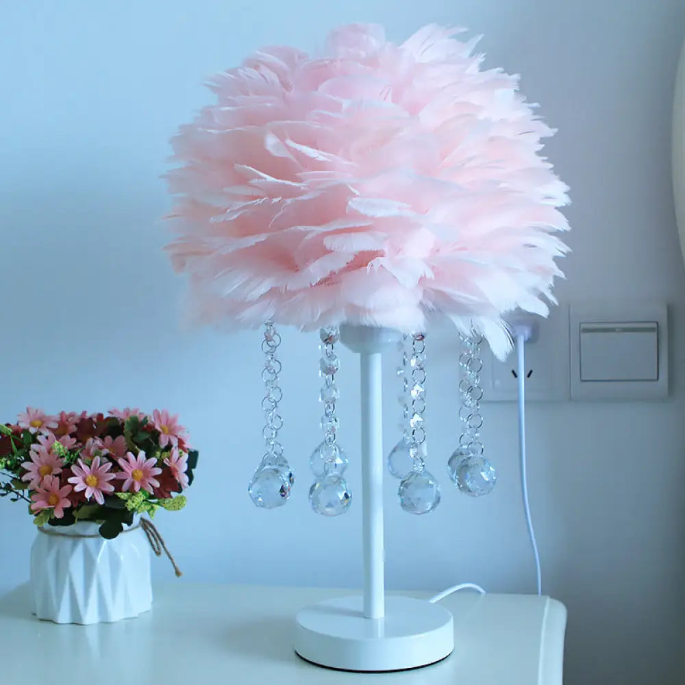Modern Hemisphere Feather Table Lamp With Crystal Ball And Night Light - Grey/White/Pink Pink / B