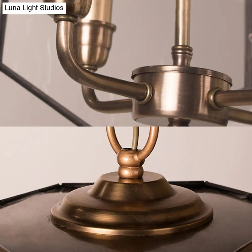 Modern Hexagon Ceiling Chandelier - Brown/Clear Glass 4-Light Fixture For Bedroom