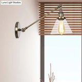 Modern Industrial Conical Sconce Light Clear Glass Lighting Fixture In Black/Bronze/Brass 8/12 L Arm