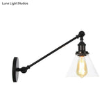 Modern Industrial Conical Sconce Light Clear Glass Lighting Fixture In Black/Bronze/Brass 8/12 L Arm